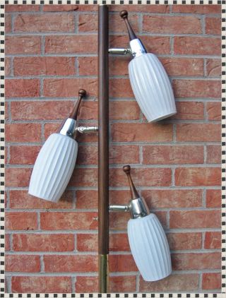 Vintage Mid Century Tension Floor Pole Lamp White Ribbed Glass Shades 3 Lights