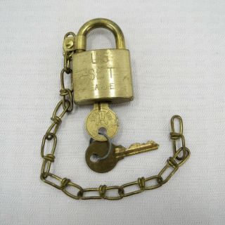 U.  S.  Set - Vintage 2 " Brass Military Foot Locker Pad Lock - 2 Keys & Chain