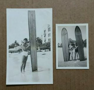 Surfers With Huge Wood Surf Board On Waikiki Beach,  Hawaii,  Vintage Photo 