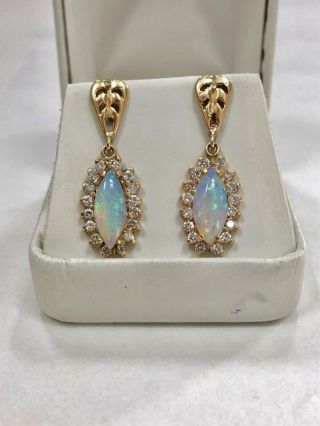 3.  50 Ctw Natural White Fire Opal Diamonds Marquise Drop Earrings 14k Yellow Gold