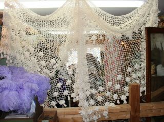 Antique White Crocheted Crochet Canopy Net Netting Tassels