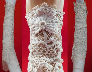 Victorian Antique White Irish Crochet Lace Long Mitts Gloves Under Sleeves Cuffs