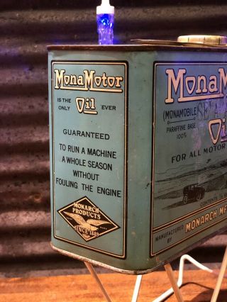 Vintage 1920 ' s Mona Motor Oil 1/2 Gallon Metal Can Gas Station Sign Garage Lube 2