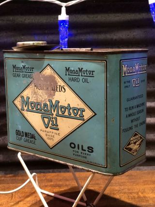 Vintage 1920 ' s Mona Motor Oil 1/2 Gallon Metal Can Gas Station Sign Garage Lube 3