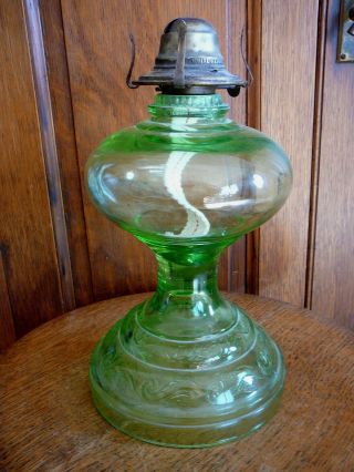 Antique Depression Glass Light Green Oil Lamp Brass Burner - Bartlett Collins Ex