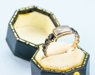 1820 Black Ring Gold Glass Hair Bezel Antique English Regency Mourning Jewellery