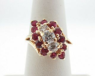 Vintage Estate Old Cut Diamonds Rubies Solid 14k Yellow Gold Ring