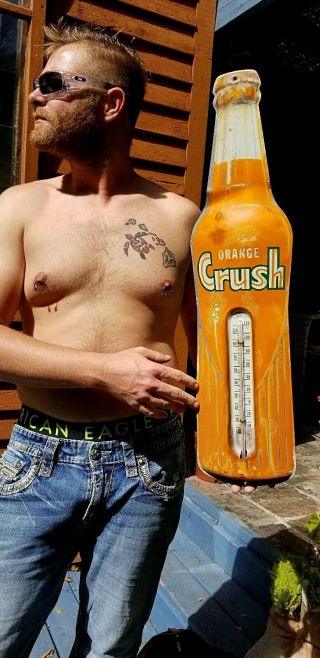 Vintage Lg 29inx7in Orange Crush Beverage Bottle Soda Pop Metal Thermometer Sign
