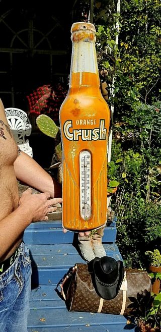 Vintage LG 29inX7in Orange Crush Beverage Bottle Soda Pop Metal Thermometer Sign 3