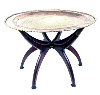 Vintage Mid Century Round Brass Tray Table Spider Leg Base Moroccan Oriental