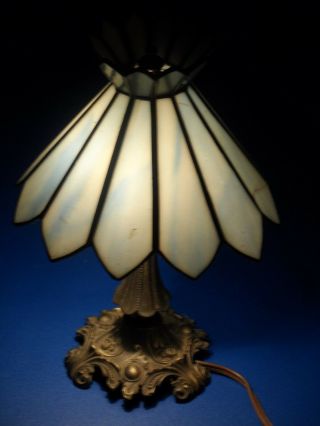 Vintage 1970s Sm Bronze Table Lamp,  Leaded Glass Shade 1973 L&lwmc Retro Light