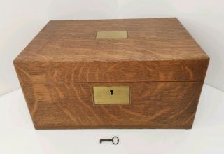 Vintage Victorian Antique Brass & Oak Wooden Writing Slope Locking Box & Key
