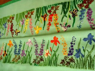 Vintage Hand Embroidered Green Linen Tablecloth Gorgeous Cottage Garden Flowers