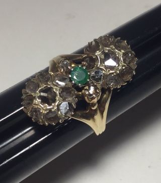 Antique Victorian 14k Gold Rose Cut Diamond & Emerald Ring Size 8