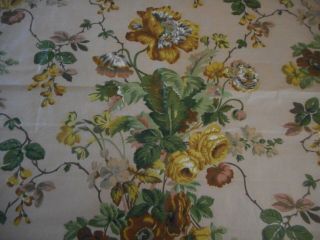 Antique English Poppy Floral Chintz Cotton Fabric Ochre Mustard Brown Green