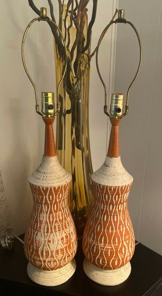 Pair Mid Century Danish Modern Teak And Ceramic Pottery Table Lamp