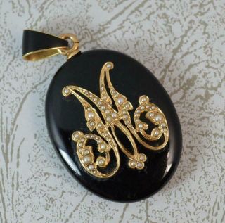 French Victorian 18ct Gold Onyx Enamel Pearl M Mourning Locket Pendant D1982