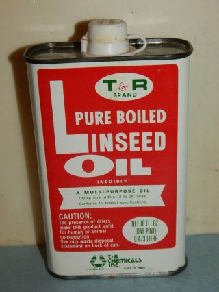 Vintage T&r Pure Boiled Linseed Oil 16 Oz Pint Tin Can Full By T&r Chemicals Inc