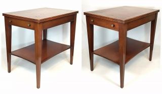 Heritage Henredon Leather Top Side End Tables Nightstand Mcm Mahogany Brass