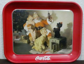 Vintage 1986 Coca Cola Tin Cookie Tray Santa And Children And Poodle Collectable