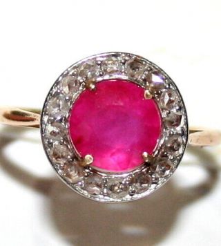Antique Art Deco French 18k Gold Platinu 1.  5ct Ruby Diamond Fine Round Ring 1920
