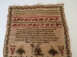 Antique Embroidered Sampler,  Mary Ann Newton 1871.