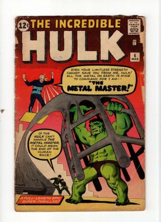 Incredible Hulk 6 Vintage Marvel Comic Key 1st Metal Master Silver Age 12c