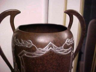 Rare 13 " Tall Heintz Arts & Crafts Sterling On Bronze Vase W Handles - Signed