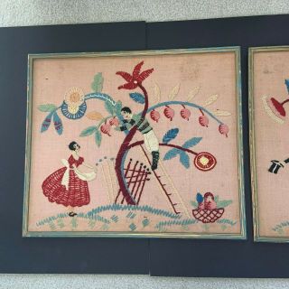 Antique 1910 Framed Crewel Embroidery Needlework Wall Hangings Courtship