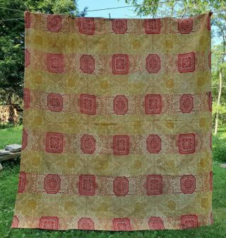 Large Antique Wool Linen Jacquard Coverlet 2 Seams Loomed Overshot 100x110 Red