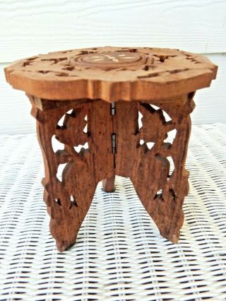 Vintage Hand Carved Wood Stand Table Made In India 8.  5 Tall X 6” Bone Inlay