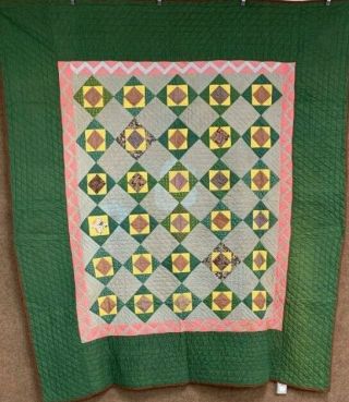Early Overdye Greens C 1860 - 80s Economy Squares Quilt Antique Browns