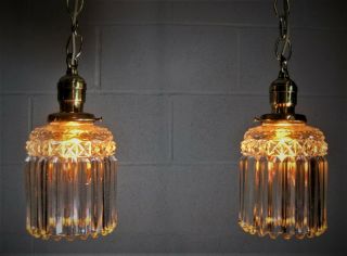 Pendant Light Pair 2 Antique Brass Hanging Fixture Crystal Prism Type Shades