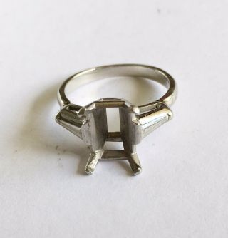 Vintage Estate Platinum Mounting For Emerald Cut Stone With Diamond Baguettes
