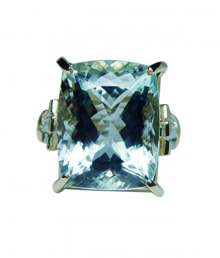 H Stern 18k Gold Cushion Aquamarine Baguette Diamond Ring 14.  5ct Designer