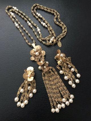 Vintage Miriam Haskell Gold Tone Faux Pearl Fringe Floral Necklace Earrings Set