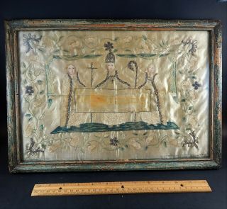 Antique French European Silk Embroidery Weaving Death Burial Christ 18th/19th C