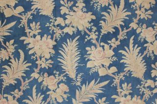 French Fabric Antique Prussian Blue Printed Linen & Cotton C1870 Faded W/ Ruffle
