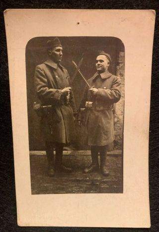 Ww1 Rppc Real Photo Post Card Soldiers Posing With Knifes