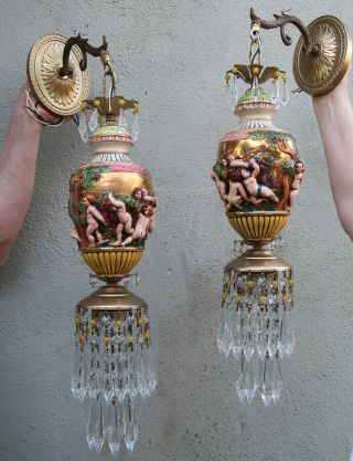 2 Capodimonte Vintage Porcelain Sconce Lamp Chandelier Nude Cherub Fruit Garland