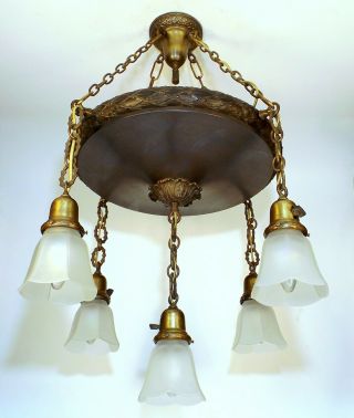 Big Antique Mission Arts Crafts Brass Bronze 5 Light Ceiling Chandelier Rewired