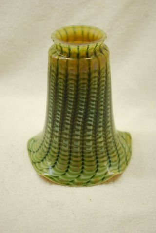 Green Iridescent Signed Lundberg Zipper Art Glass Lamp Shade 1998