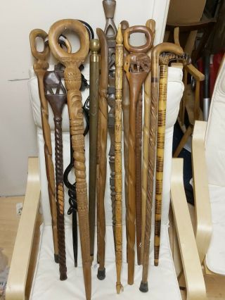 Joblot Of 15 Vintage Walking Sticks Including Silver Collars
