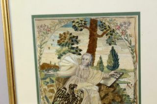ONE OF A PAIR EXTREMELY RARE 18TH C NEEDLEWORK STUMPWORK PICTURE OF SAINT JOHN 1 3