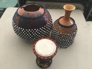 Vintage African Mini Hand Drum Bongo.  2 - African Gourd Shekere Instruments