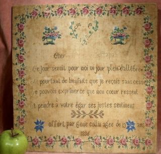 Antique French Georgian Era 1836 Sampler Beadwork & Stitched Floral & Prose