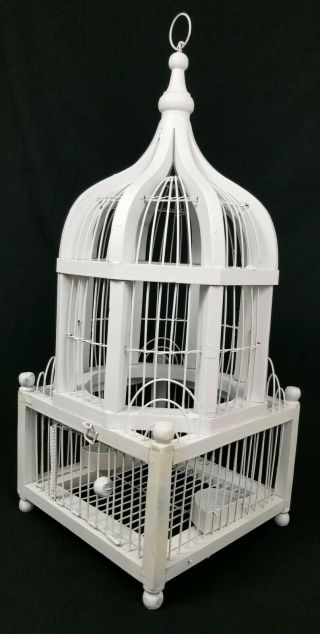 Vintage Victorian Wood Bird Cage Domed Top With Dishes Door Swing Bottom