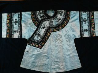 Antique Chinese Patterned Silk Robe,  Embroidered Motifs,  Blue Stone Buttons