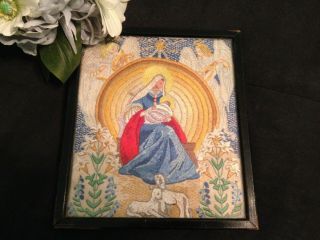 Gorgeous Antique Hand Embroidered Picture Christmas Nativity Mary & Baby Jesus