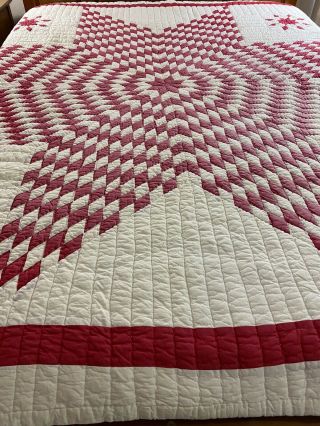 Vintage Handmade Well Quilted By Hand Red & White Lone Star Quilt 77 " X 86 "